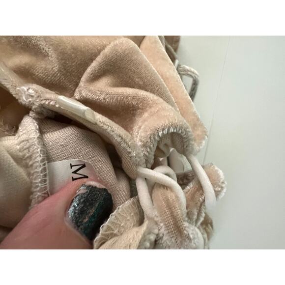 Women Cream Tan Bandeau Back Lace Up Velvet Bodysuit neutral Medium - Picture 3 of 6